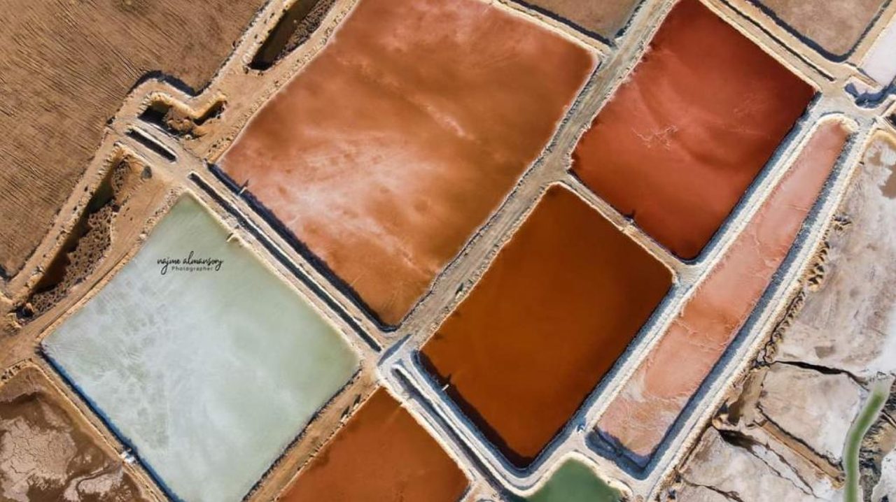 Grid of solar salt evaporation ponds at the Al Mozan works in Libya, with brine colours from pale jade to deep red marking rising concentration